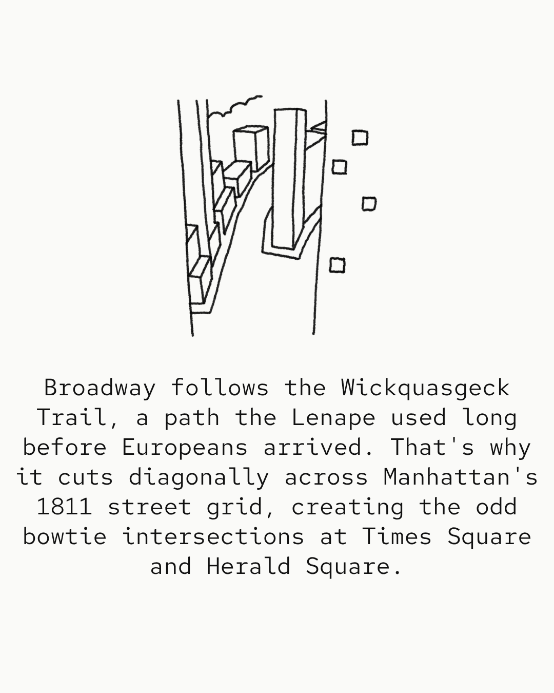 Broadway follows the Wickquasgeck Trail, a path the Lenape used long before Europeans arrived. That's why it cuts diagonally across Manhattan's 1811 street grid, creating the odd bowtie intersections at Times Square and Herald Square.